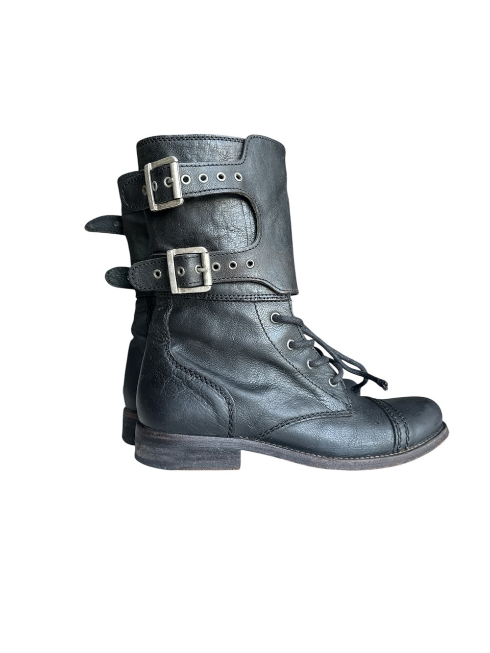 AllSaints Spitalfields Jacks Place Black Leather Combat Boots Buckles EU 38